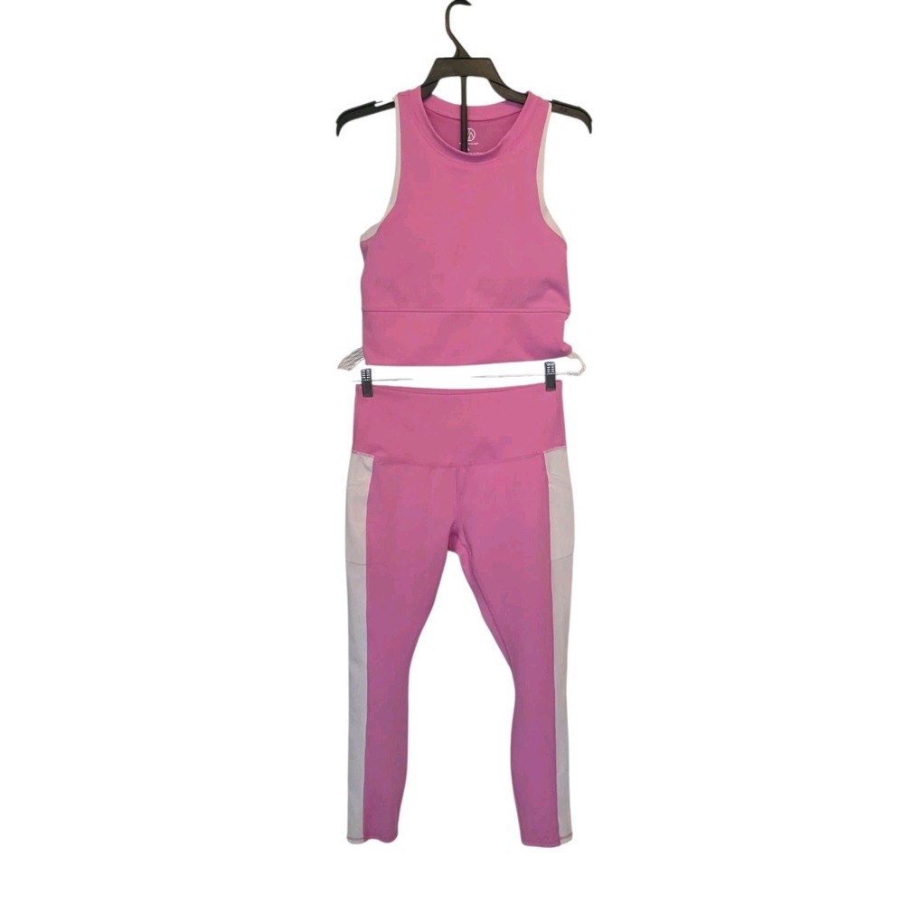 Move Theology 2 Pc Sports Bra & Leggings Set Pink / White Activewear Large NEW